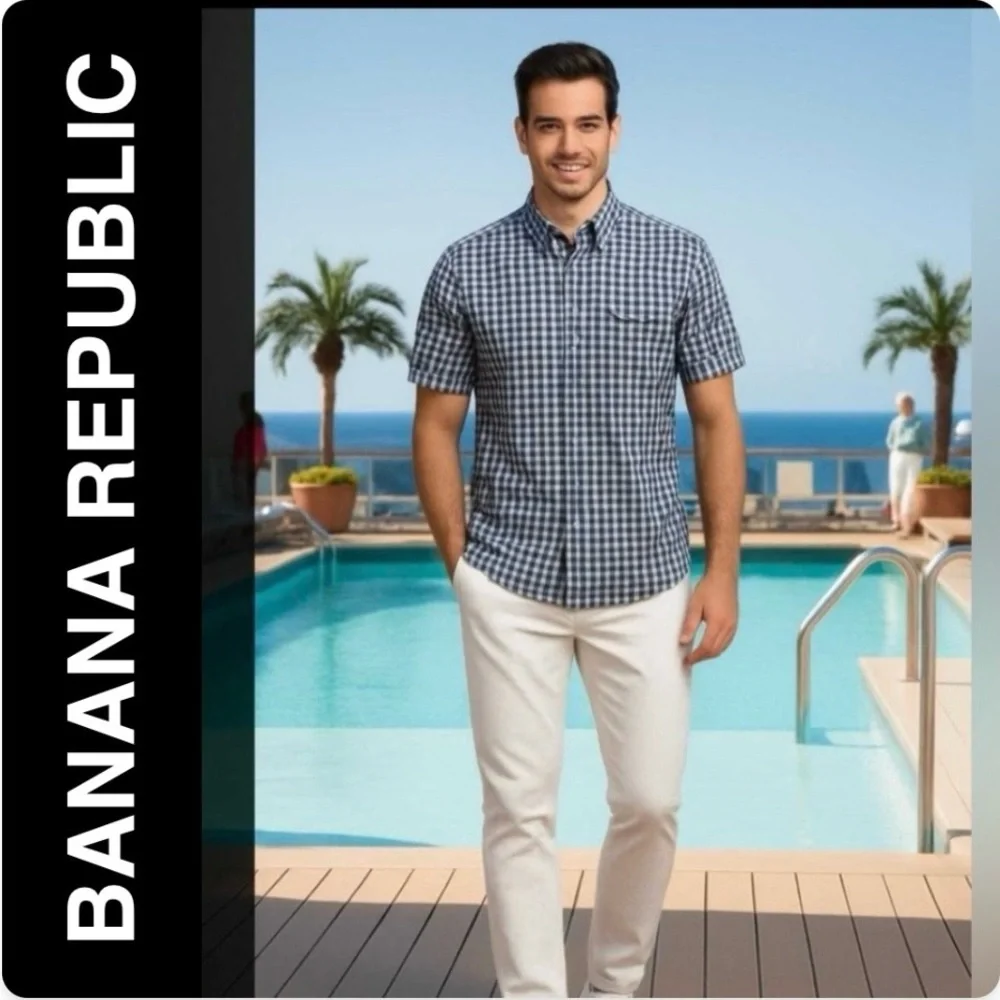 BANANA REPUBLIC Blue and White Checkered Casual Button Down Shirt 2 Pocket SZ L - Picture 3 of 8